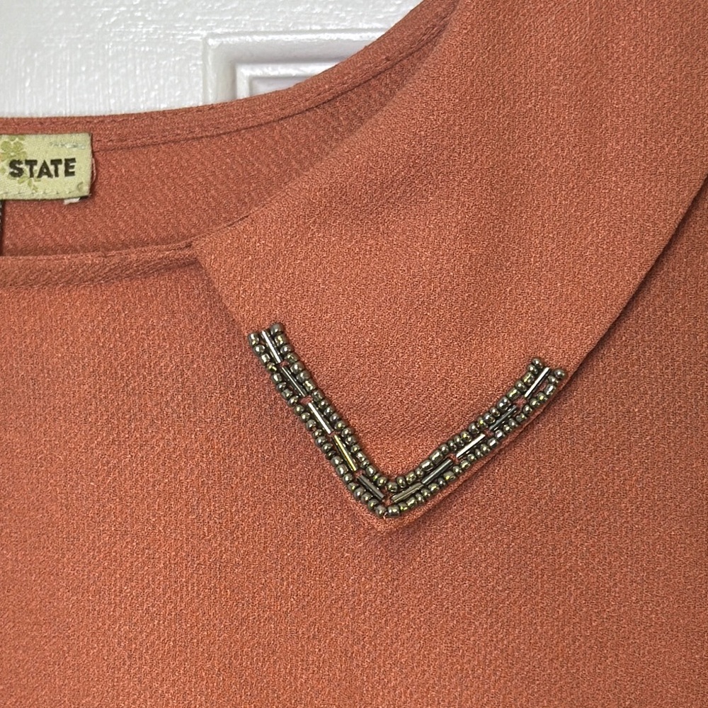 Altar'd State Orange Blouse with Peter Pan Collar and Embellishments PTP 18”-19” - Picture 4 of 10